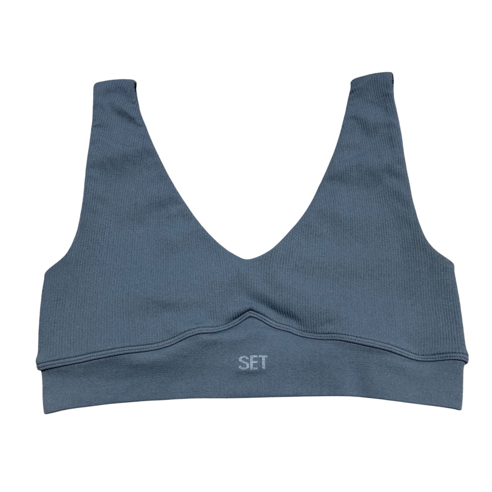 SET Active Sports Bra Ribbed V Neck  Blue Women L